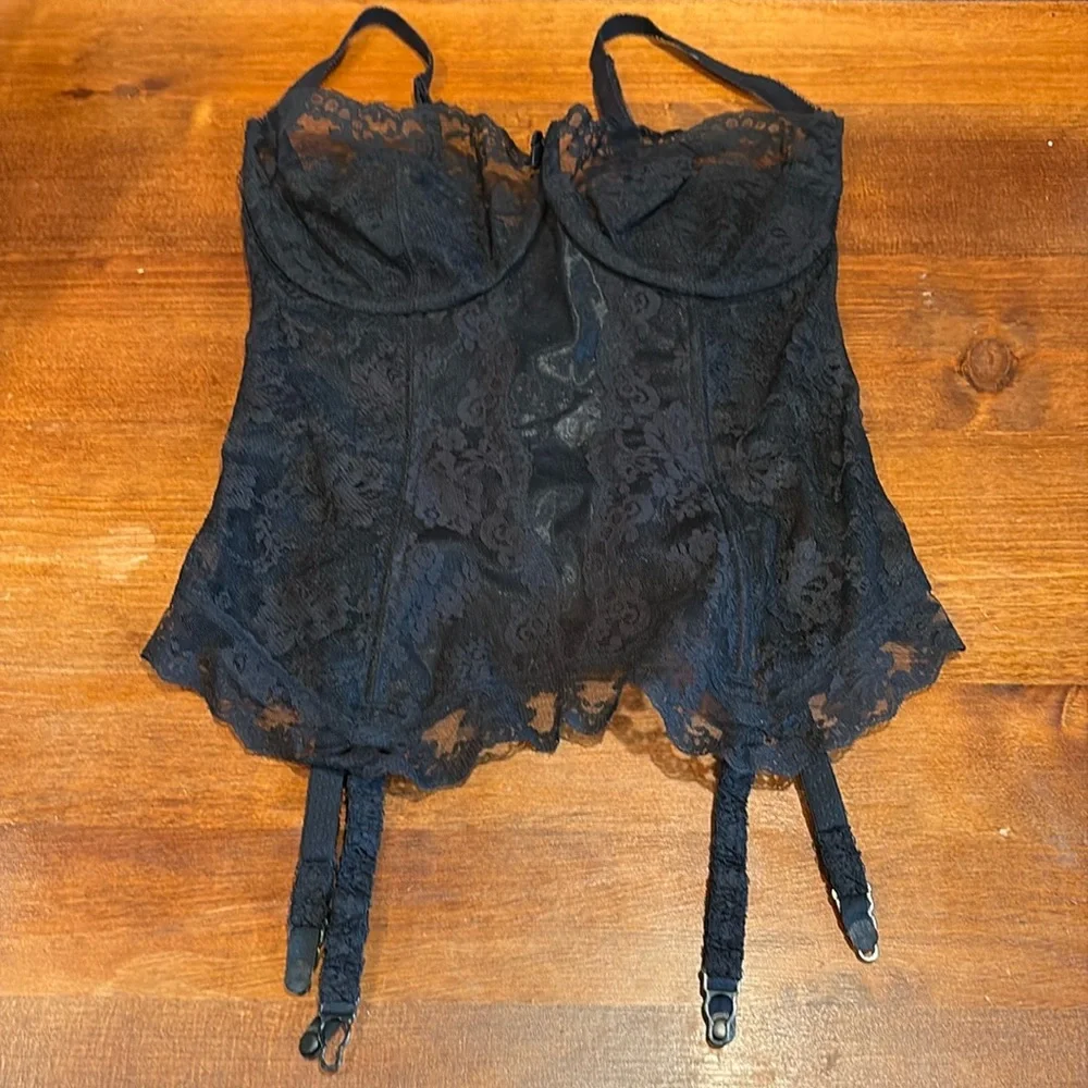 Vintage Gossard Black Lace Bustier Corset Top with garters 34D US … 34DD UK